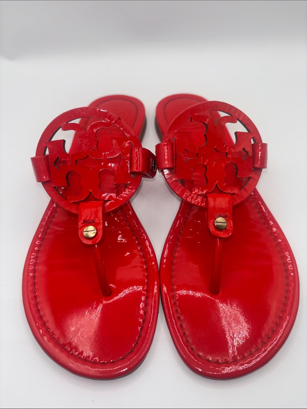Tory Burch Red Patent Leather Logo Thong Sandals